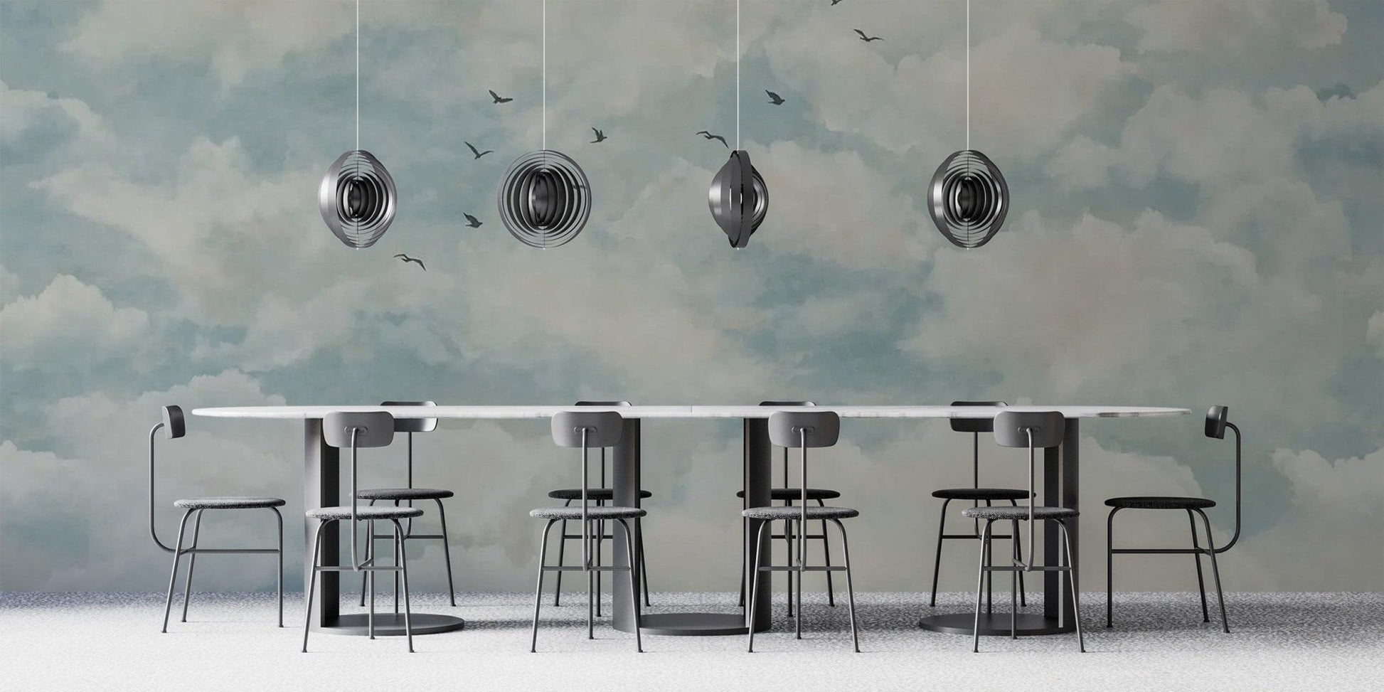 Artistic clouds and birds mural pattern C535
