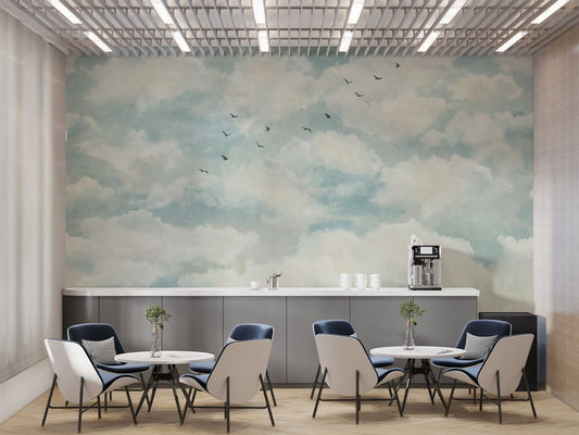 Serene clouds and birds mural
