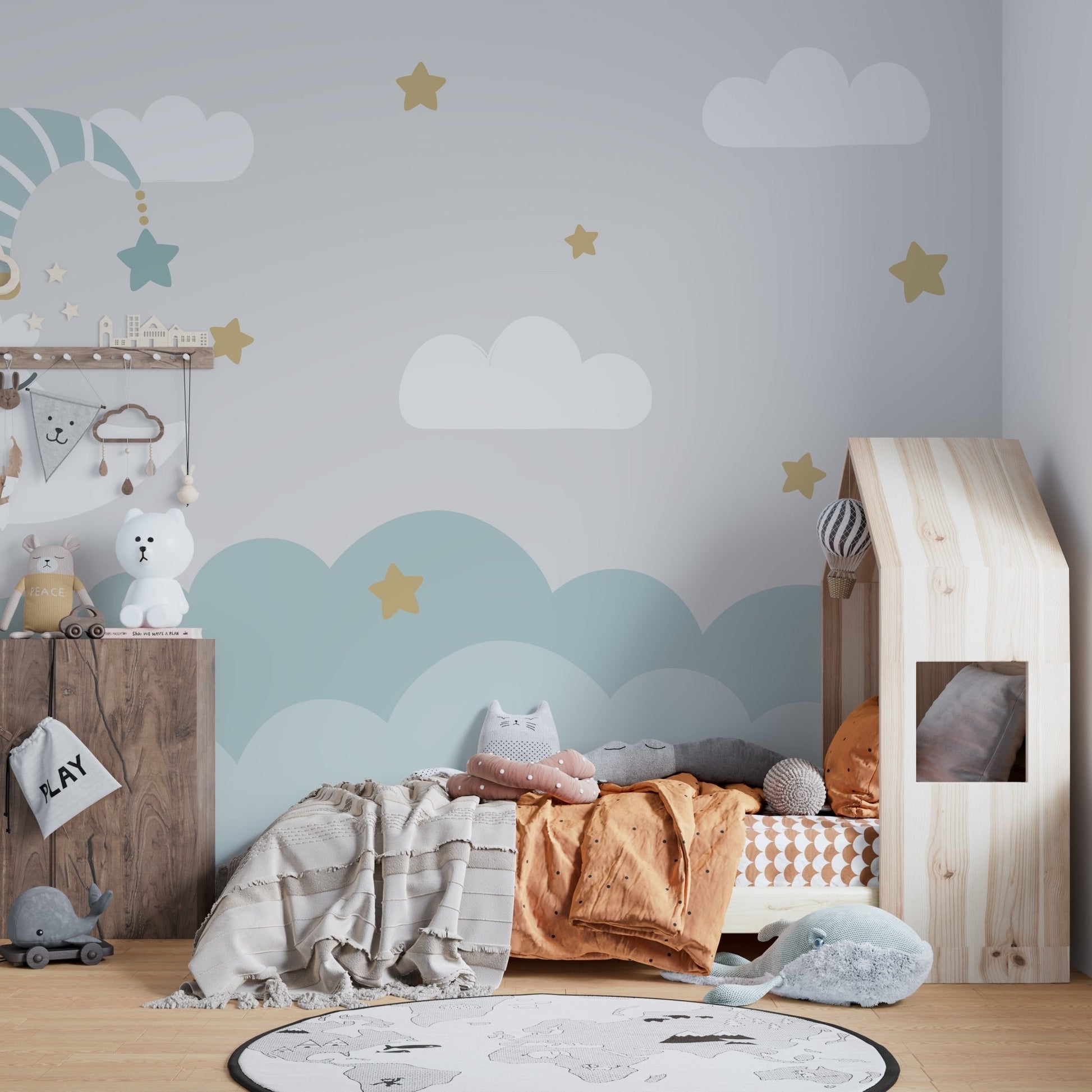 Golden stars with pastel clouds wallpaper