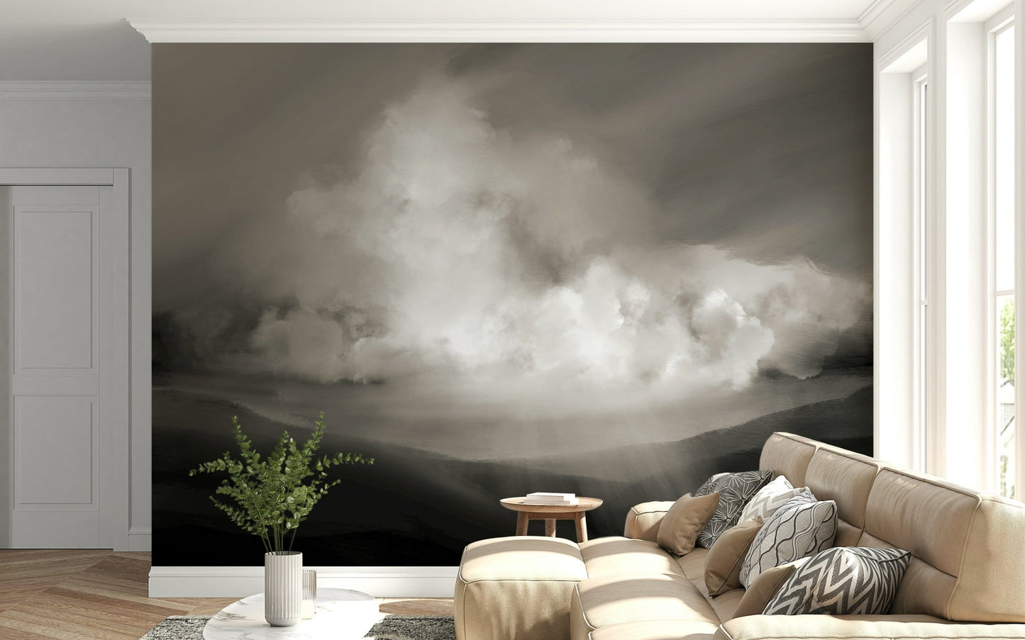 A graceful subtle cloud wall mural in soft, tranquil tones., GD5574