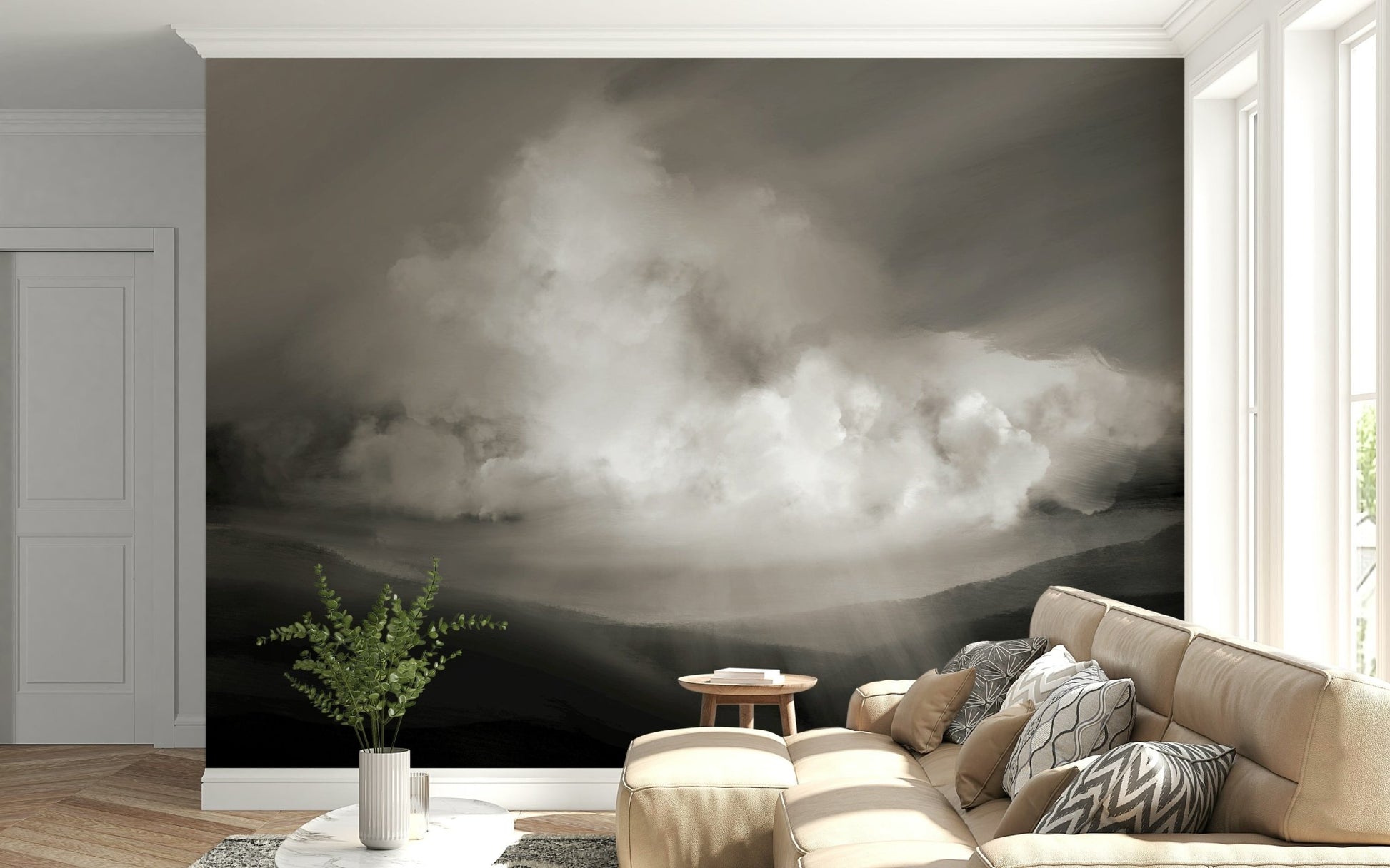A graceful subtle cloud wall mural in soft, tranquil tones., GD5574