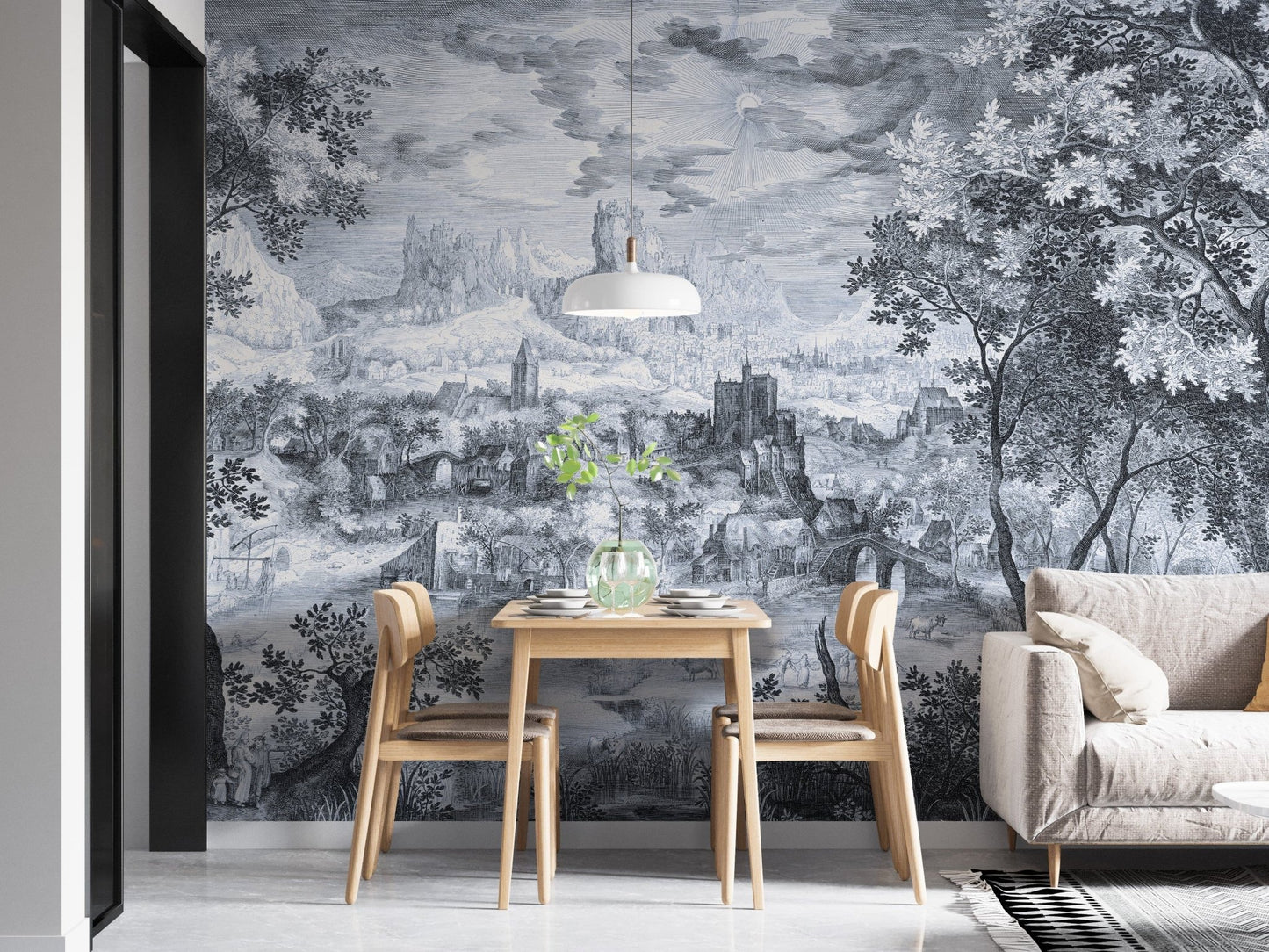 Monochrome mural wallpaper of a village view MB09