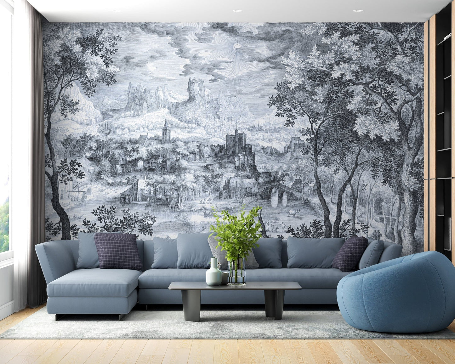 Village mural wallpaper with cloudy sky scene MB09
