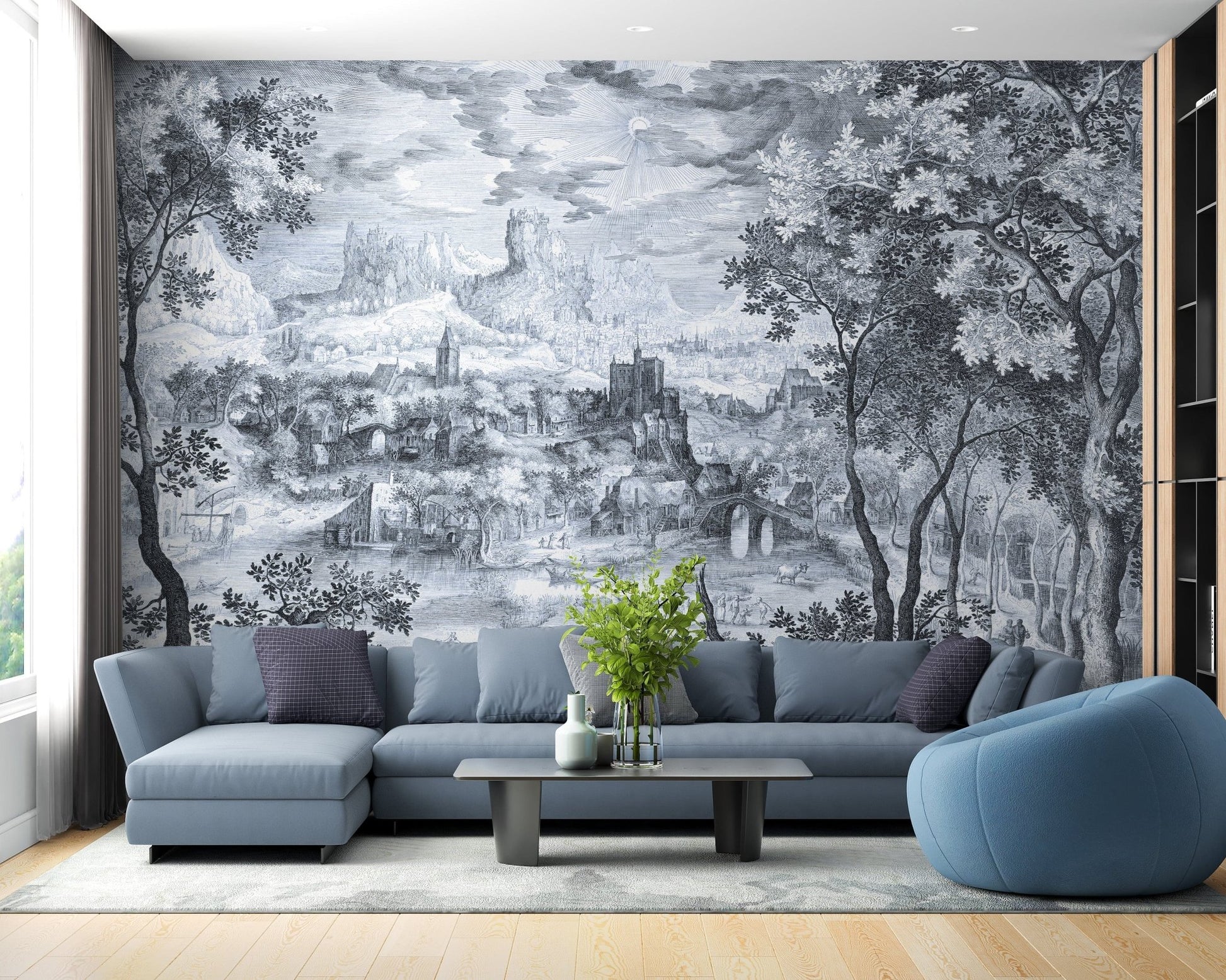 Village mural wallpaper with cloudy sky scene MB09
