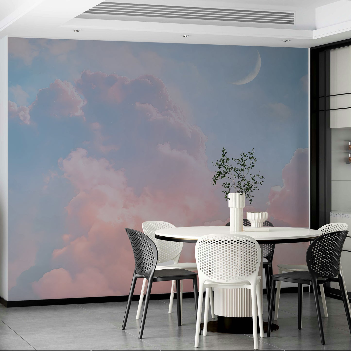 A peaceful wall mural with a soft, celestial design.

