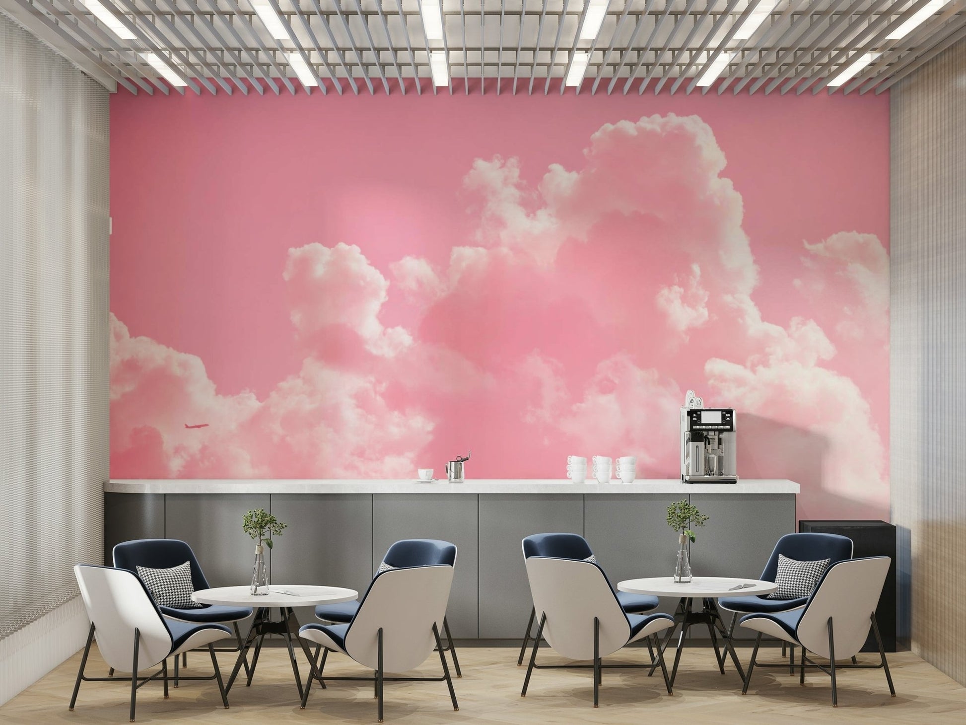 An artistic dreamy sky mural on minimalist wallpaper.

