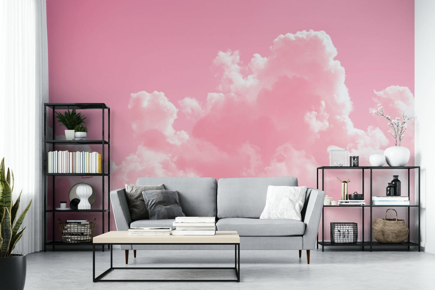 A peaceful open sky mural on decorative wallpaper.

