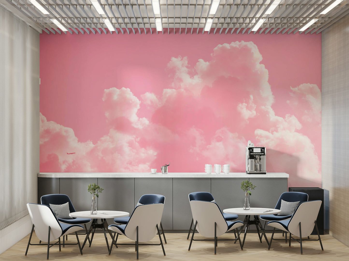 An artistic dreamy sky mural on minimalist wallpaper.

