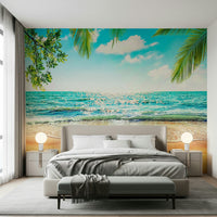 Tropical palm leaves Coastal Beach Serenity peel stick wallpaper