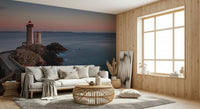 An artistic soft focus seascape mural on minimalist wallpaper.