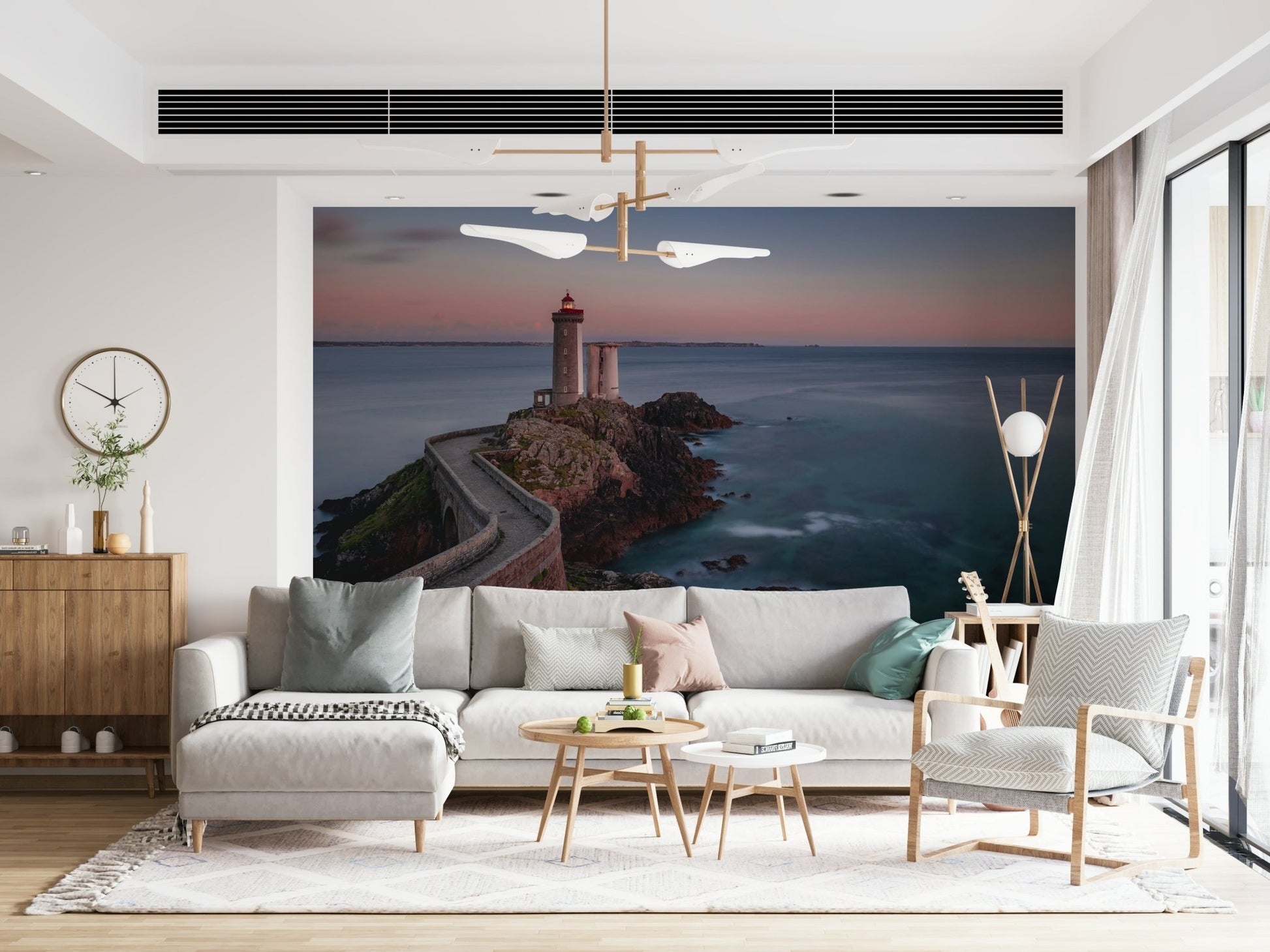 A peaceful modern abstract mural on decorative wallpaper.