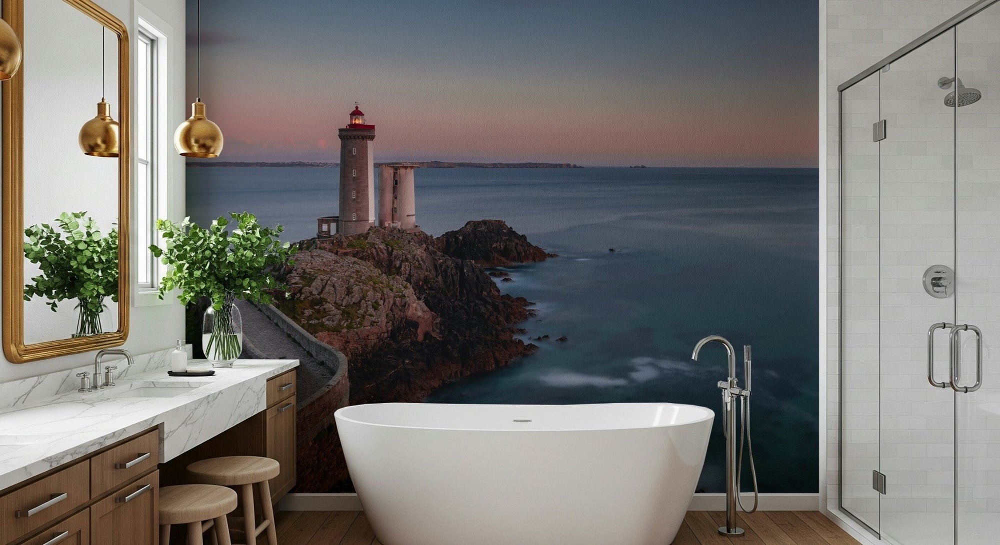 A beautiful coastal beacon wallpaper mural featuring a lighthouse., GD5905