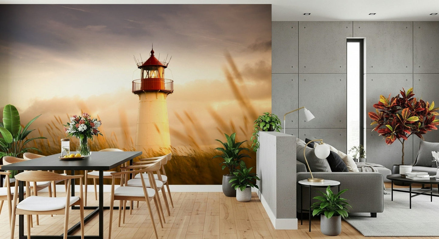 Coastal Beacon's Sunset Glow Wall Mural showing a rocky shoreline for a flat wallpaper.