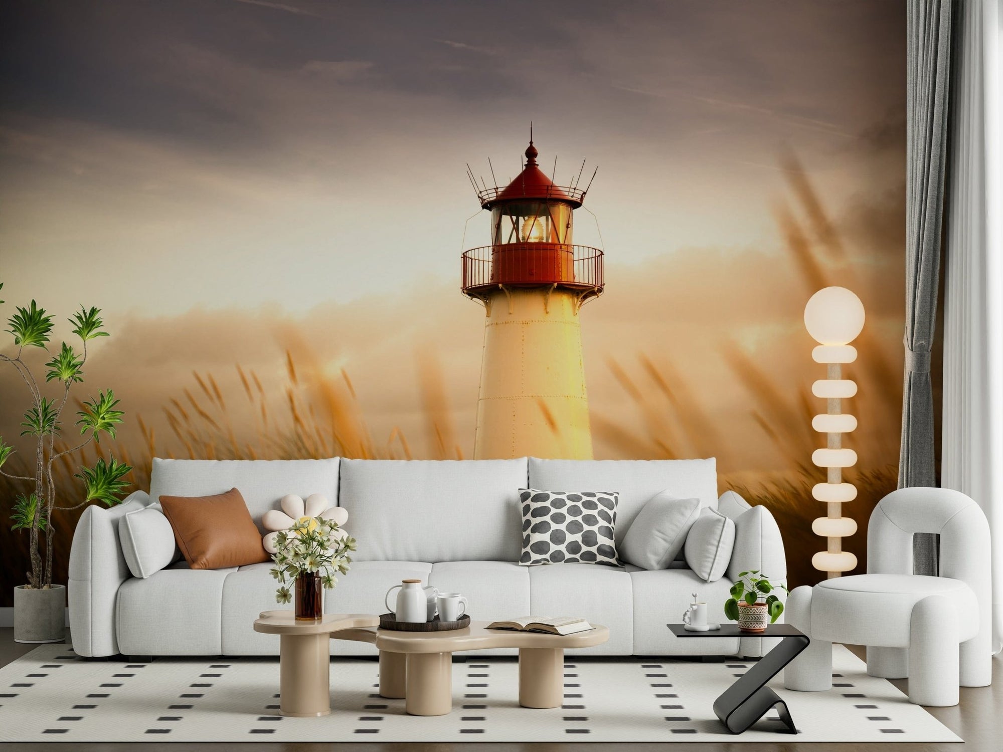 Coastal Beacon's Sunset Glow Wall Mural featuring warm orange skies for a hallway wallpaper., GD5876