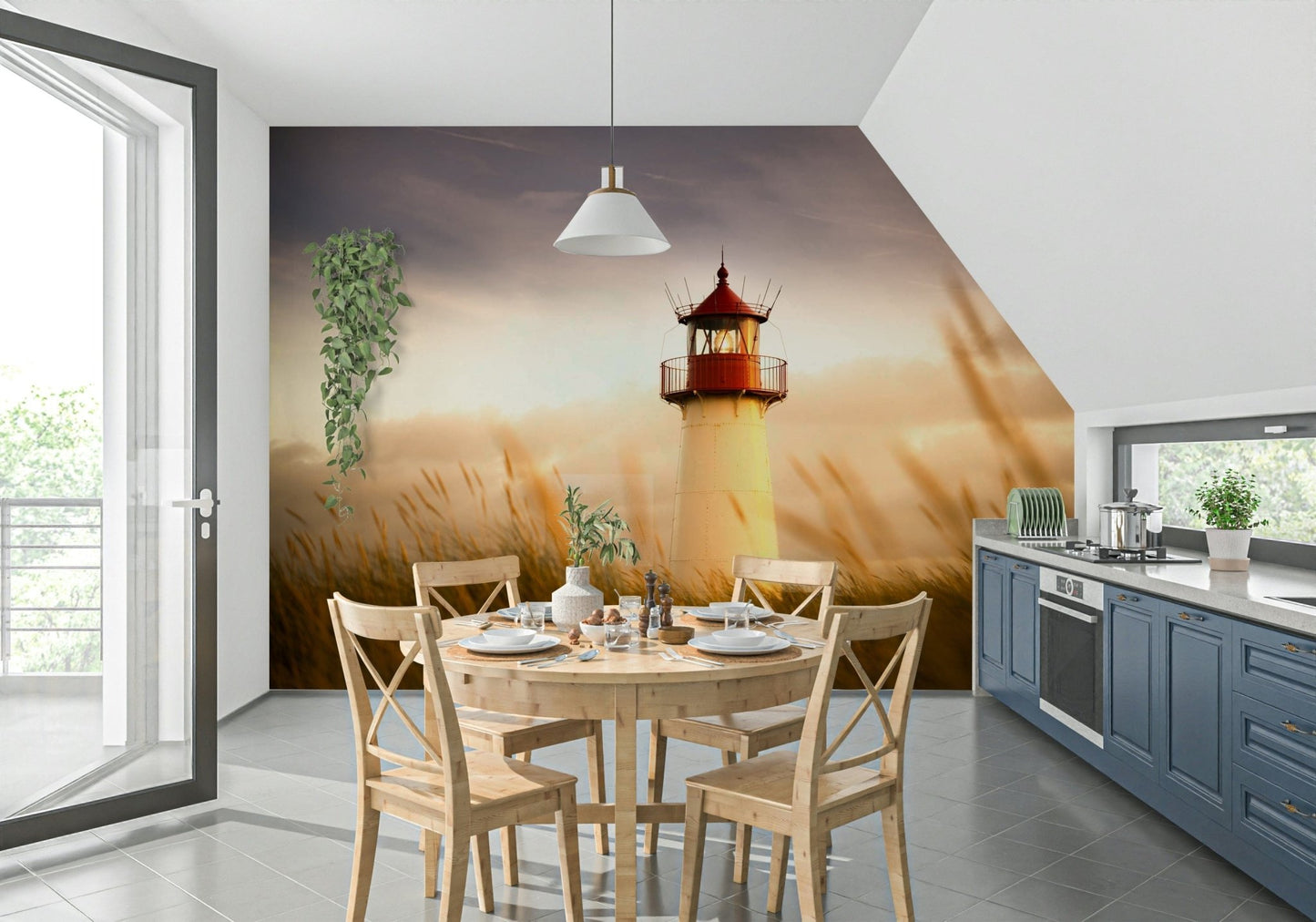 Coastal Beacon's Sunset Glow Wall Mural with soft purple and gold hues for a wallpaper.