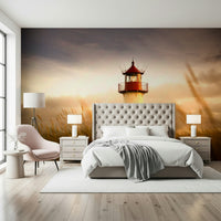 Coastal Beacon's Sunset Glow Wall Mural highlighting a coastal tower for a studio wallpaper.
