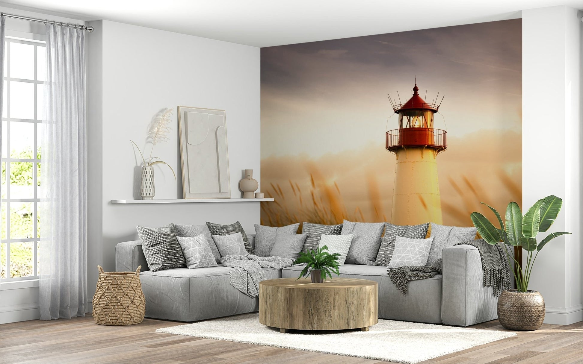 Coastal Beacon's Sunset Glow Wall Mural with a scenic lighthouse for a lounge wallpaper.