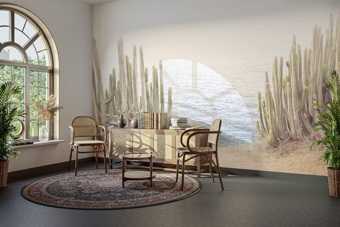 Hand-sketched cactus wallpaper for relaxed rooms

