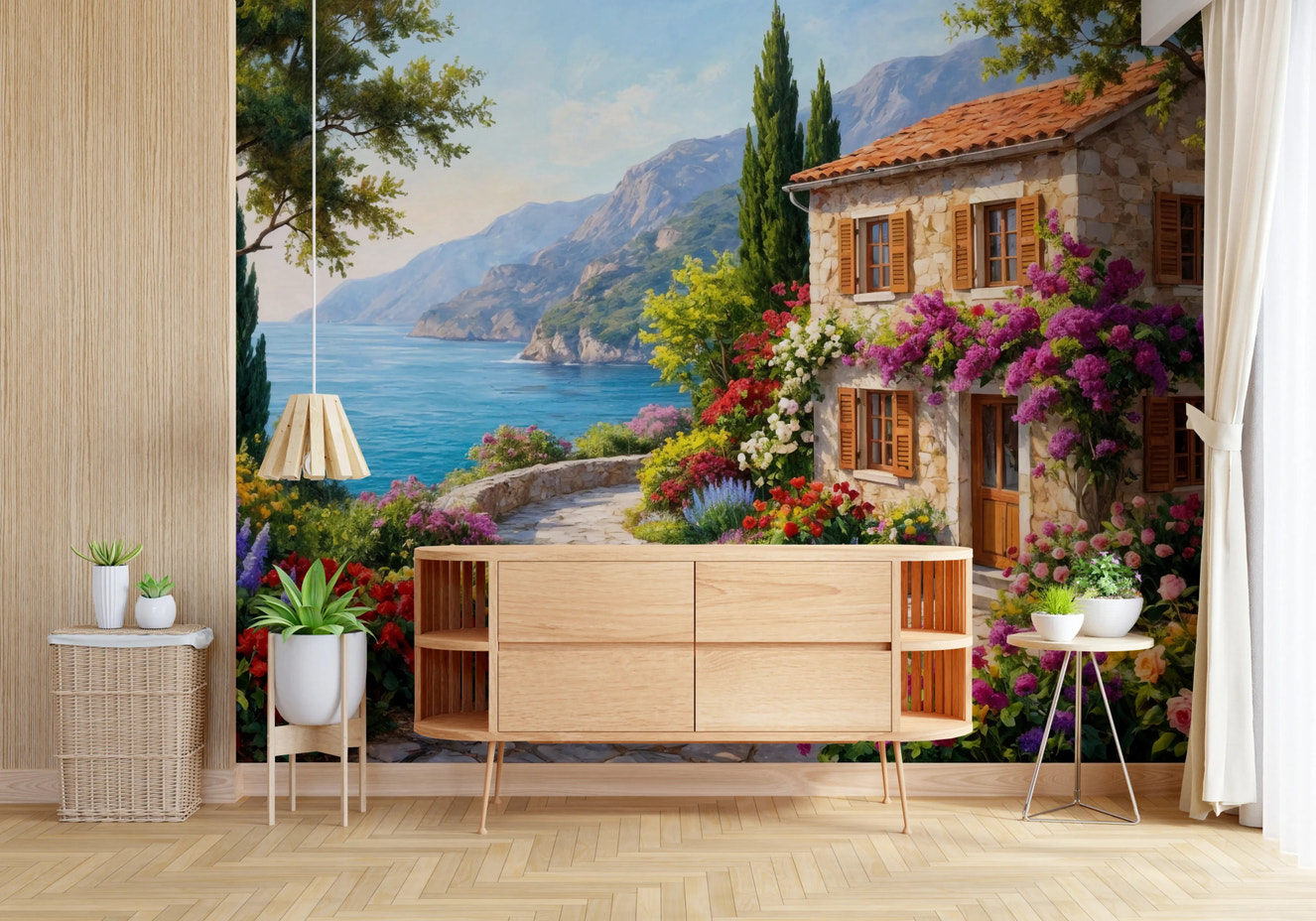 Coastal cottage floral wall mural for living room