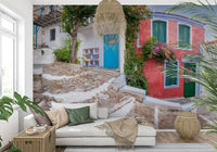 Bright blue door Coastal Cottage Charm Wall Mural photo