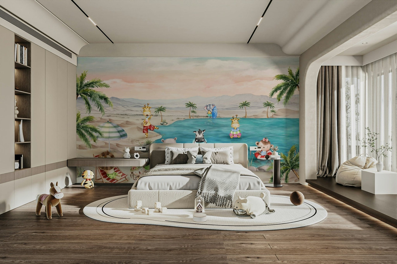 A full-wall mural of a calm, underwater or beach scene.
