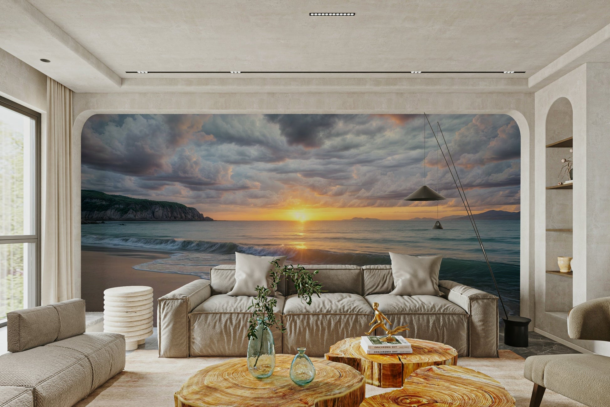 The coastal landscape and sunrise are a central focus of the image.

