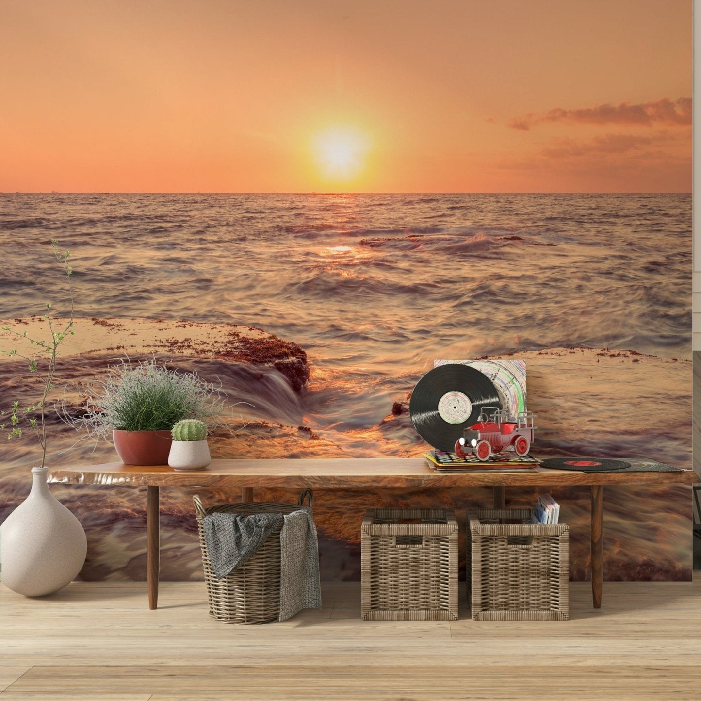 Warm ocean Coastal Dawn Wall Murall waves on rocks., GD6442