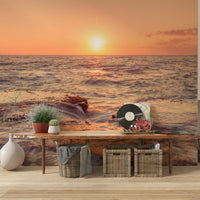 Warm ocean Coastal Dawn Wall Murall waves on rocks., GD6442