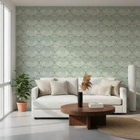 Living room balanced by ivory scallops on a Coastal Deco Serenity wallpaper backdrop