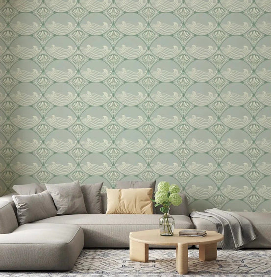 Living room wall featuring Coastal Deco Serenity wallpaper with soft sage shells, GD9089