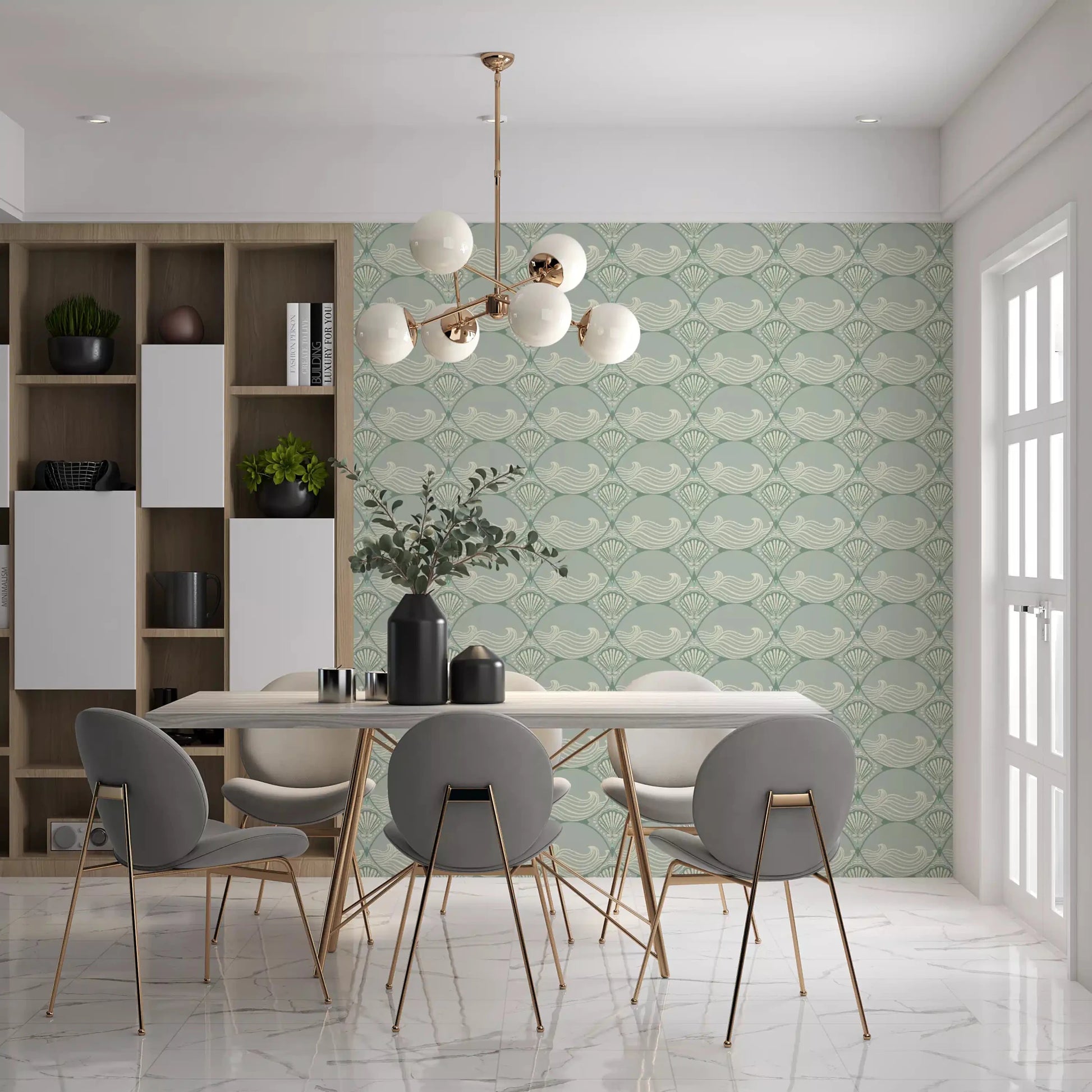 Flowing wave flourishes layered through the Coastal Deco Serenity wallpaper repeats