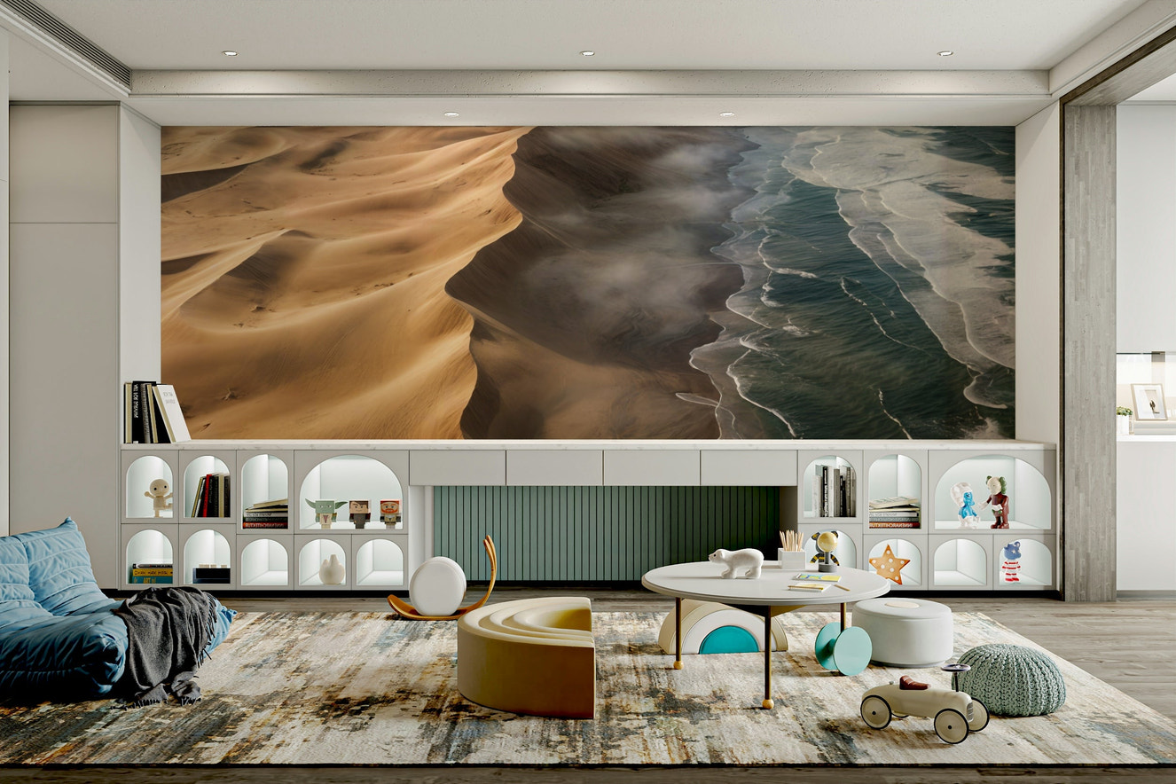 A wall mural of a desert landscape.

