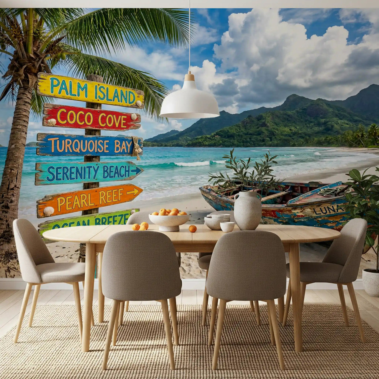 Dining room with Coastal Dream Destinations wall mural and tropical beach signs