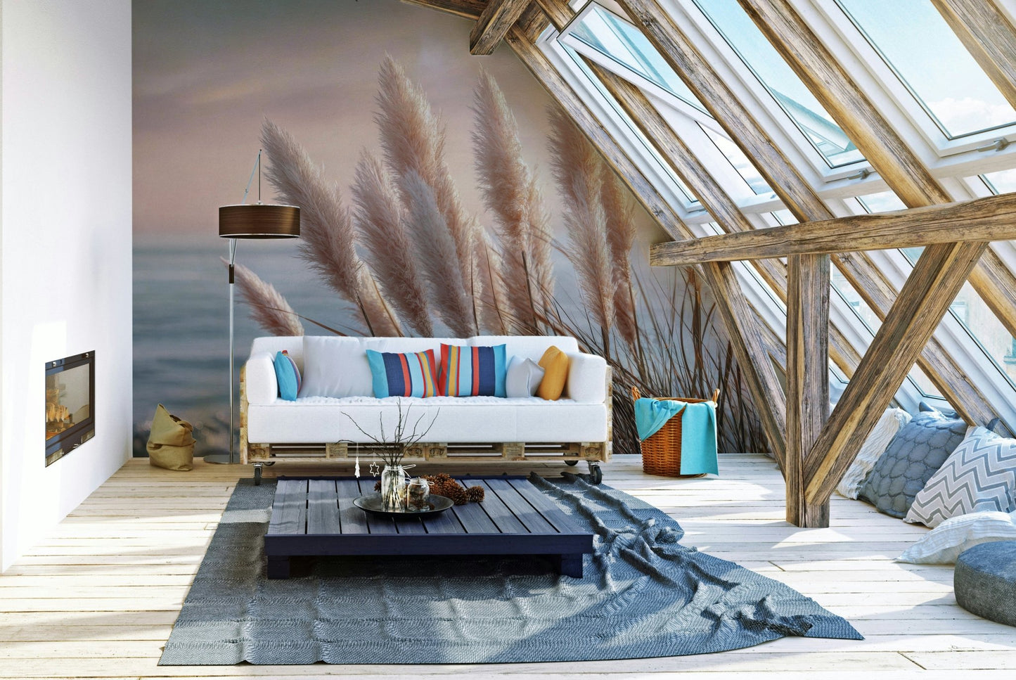 Bathroom wall with coastal waves and light sky mural

