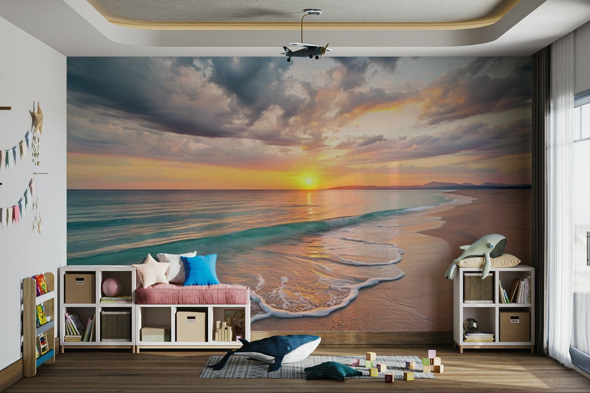 Coastal wallpaper with sunset over peaceful ocean

