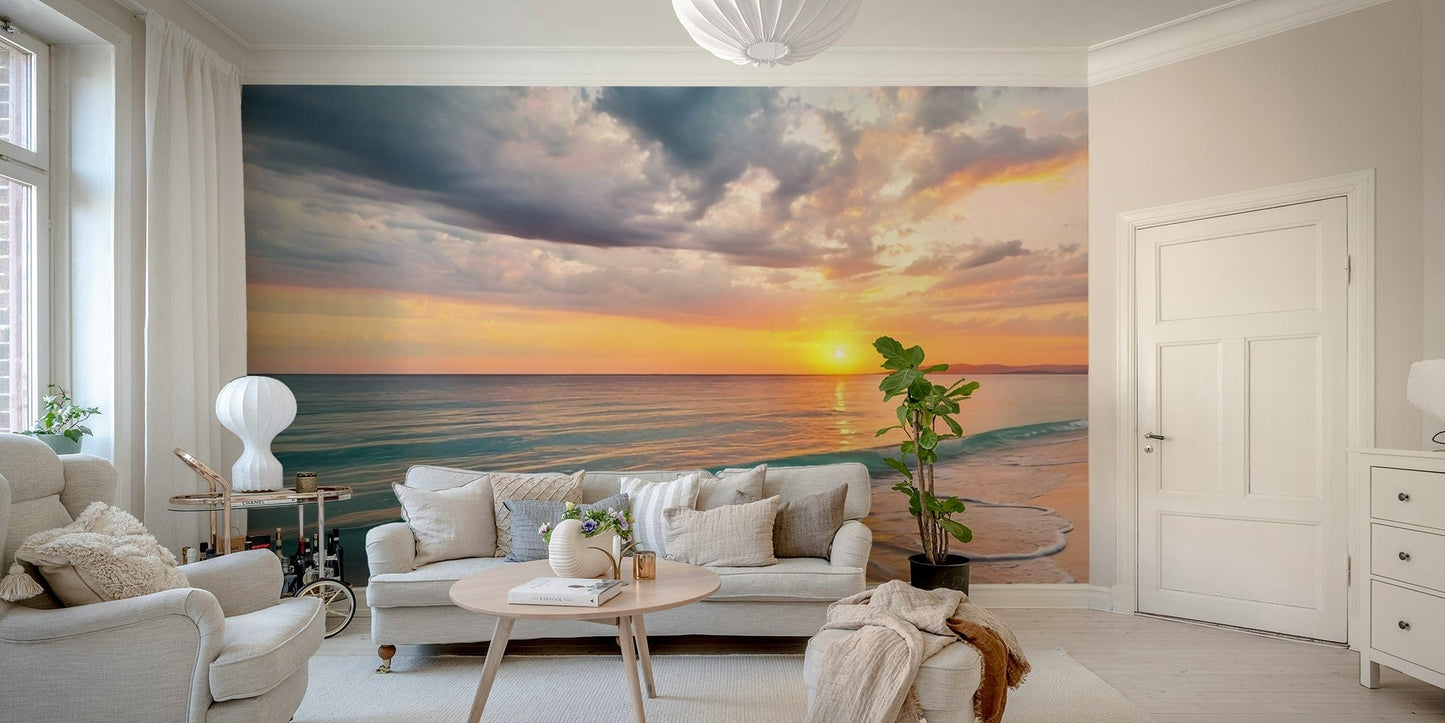 Blue and beige coastal wallpaper with sea and sky view

