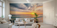 Blue and beige coastal wallpaper with sea and sky view

