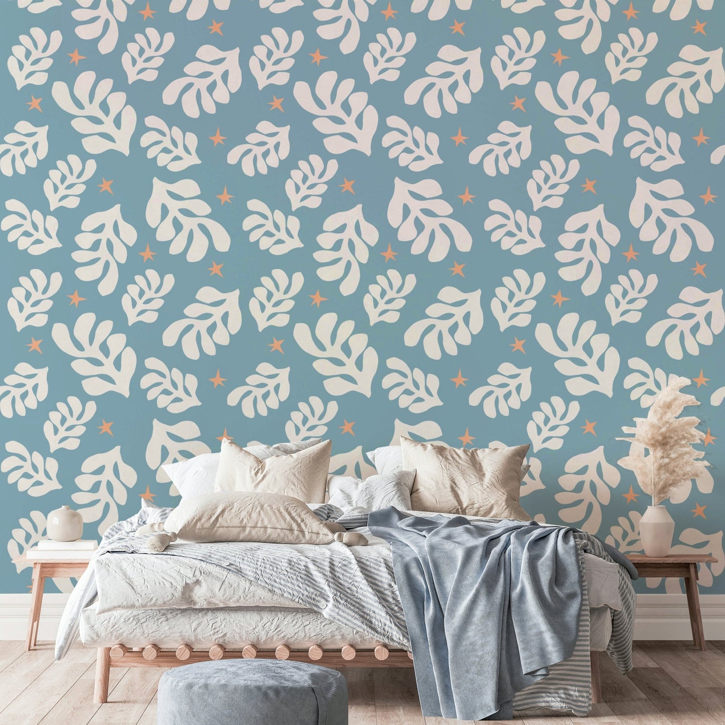 A wall mural of a peaceful coastal scene.

