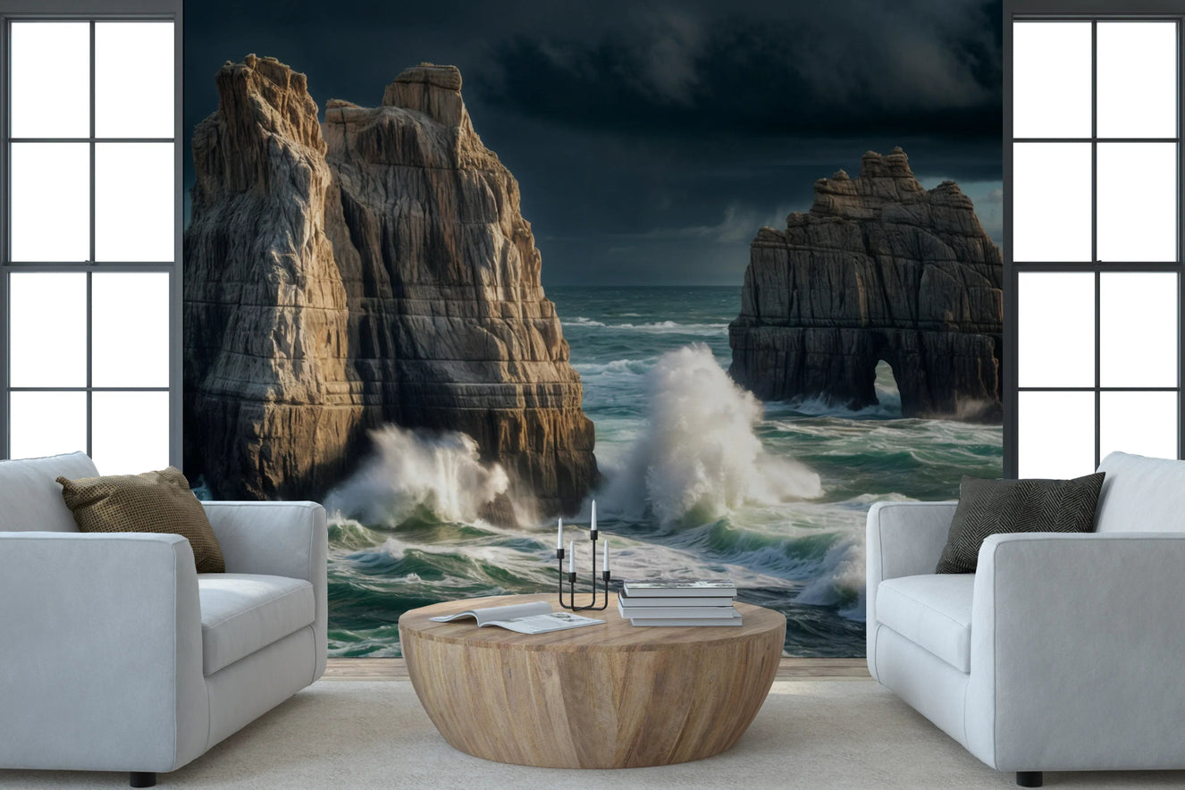 Coastal Giants living room mural featuring rocky cliffs and blue ocean waves.