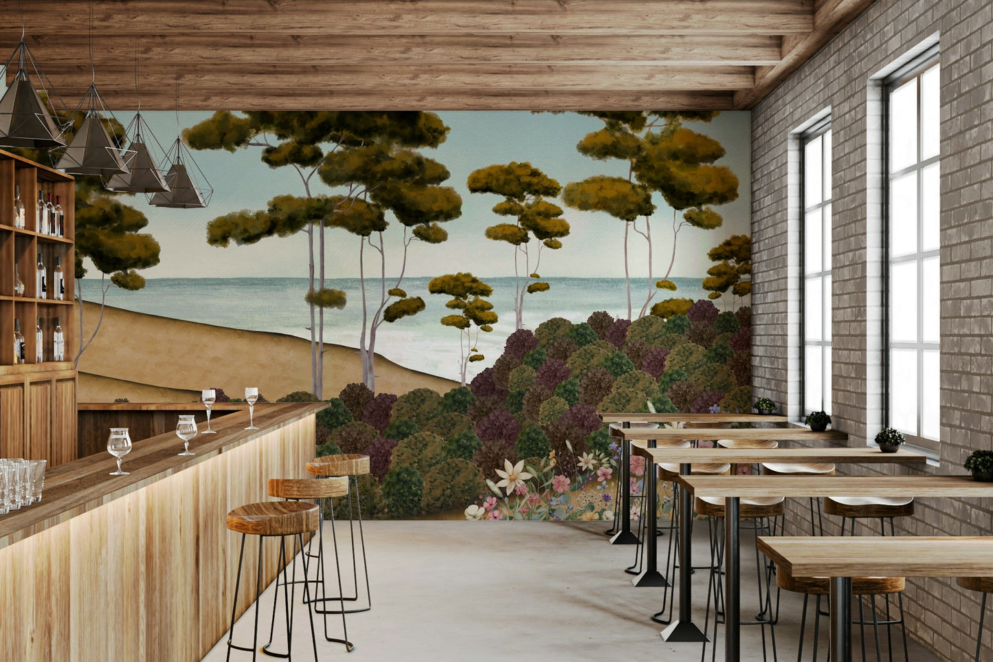 The design features a repeating pattern of soft, delicate tree and wave shapes.

