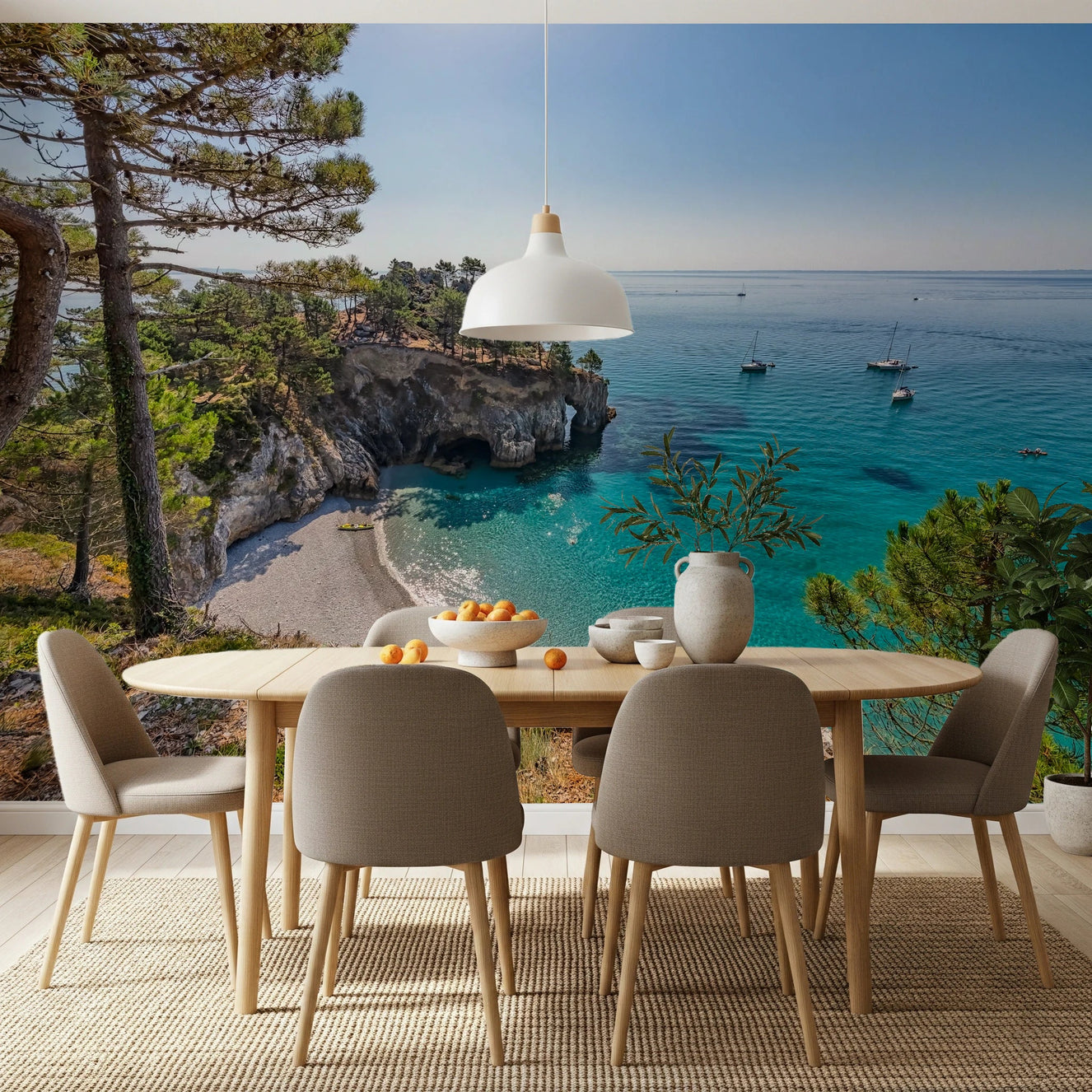 Dining room with Coastal Haven Wall Mural and turquoise cove view