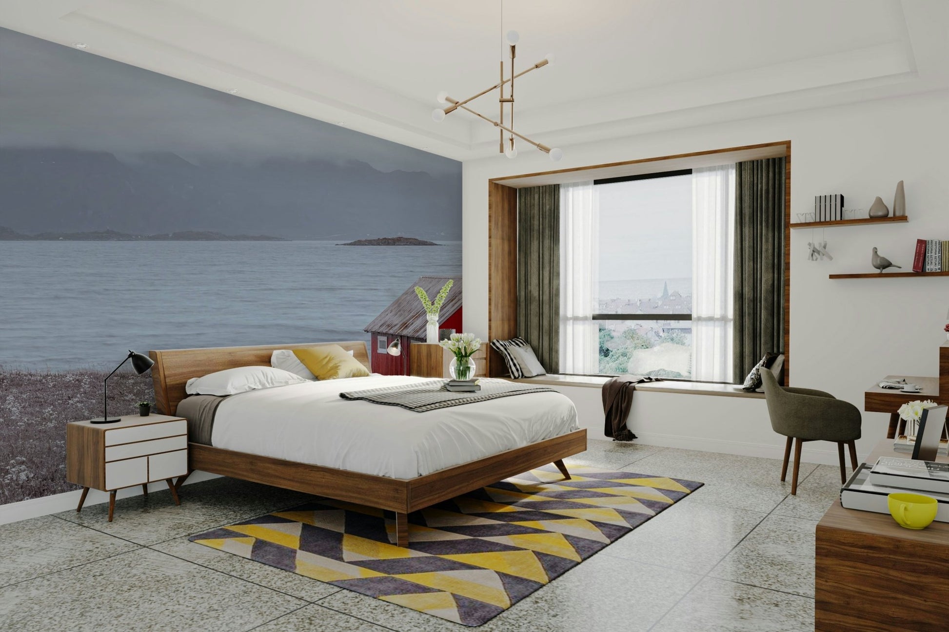 Tranquil coastal scene in Coastal Hideaway Wall Mural.

