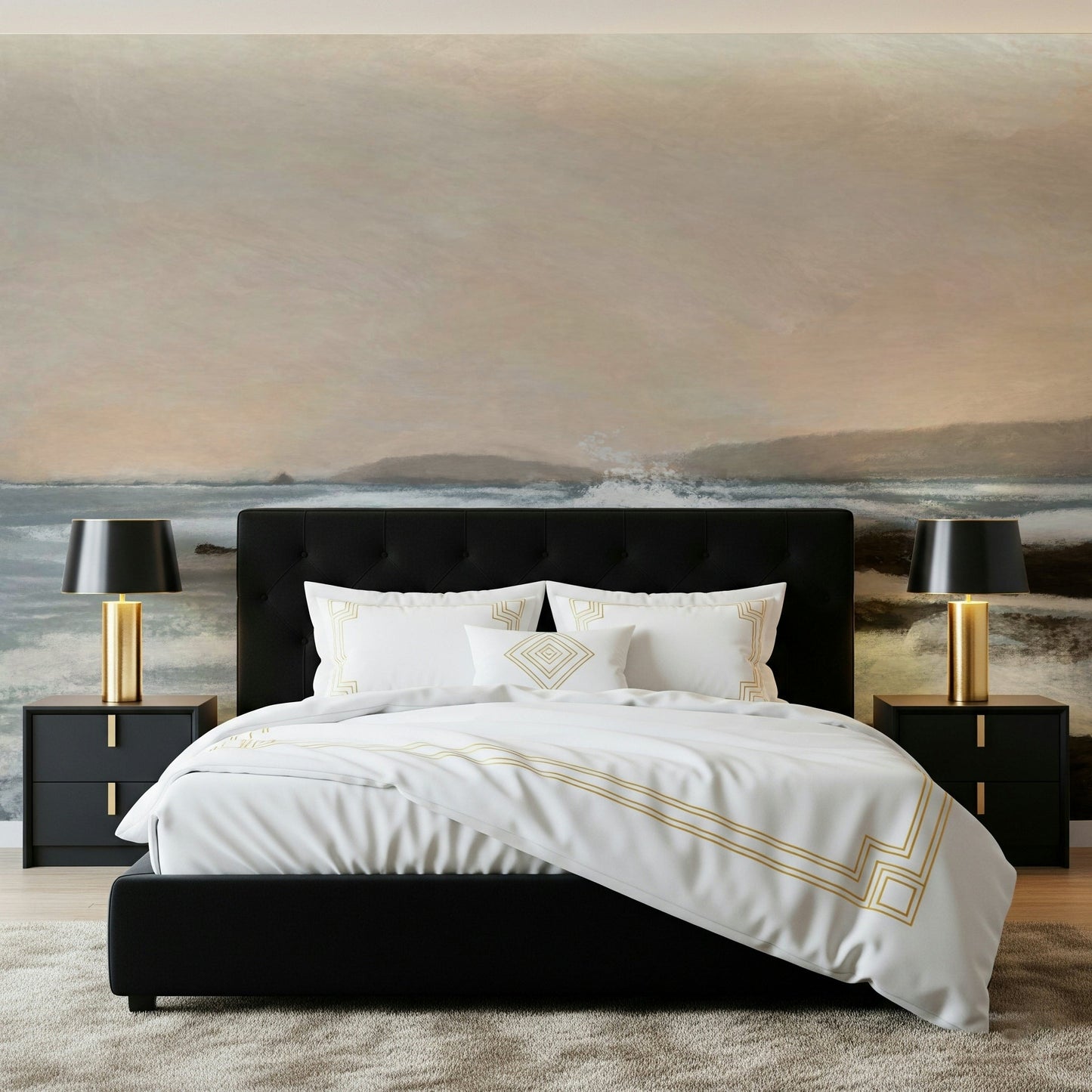 A peaceful modern abstract mural on decorative wallpaper.