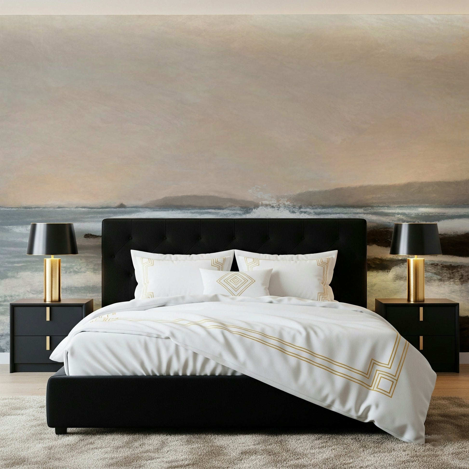 A peaceful modern abstract mural on decorative wallpaper.