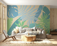 A graceful subtle leaf wall mural in cool, natural tones.

