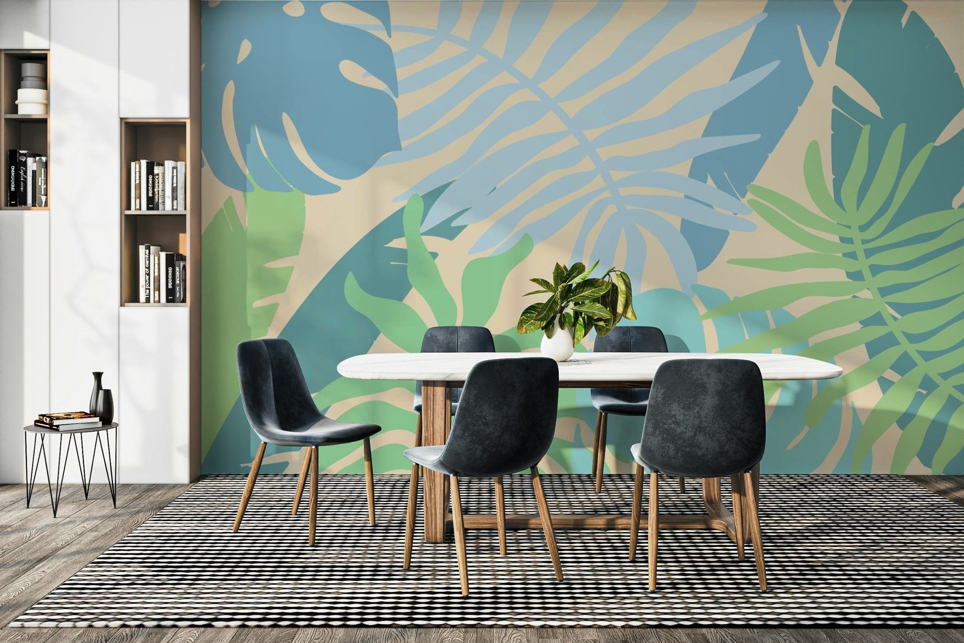 A calming foliage design wallpaper mural that defines a space.

