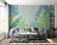 A peaceful coastal theme mural on decorative wallpaper.


