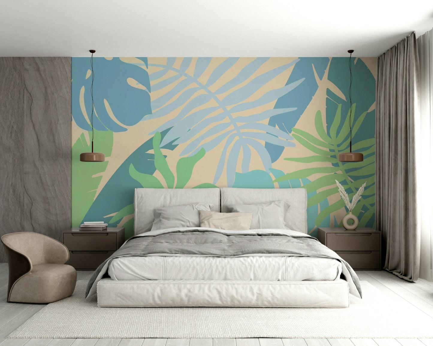 A contemplative seaside leaf wallpaper mural for a feature wall.

