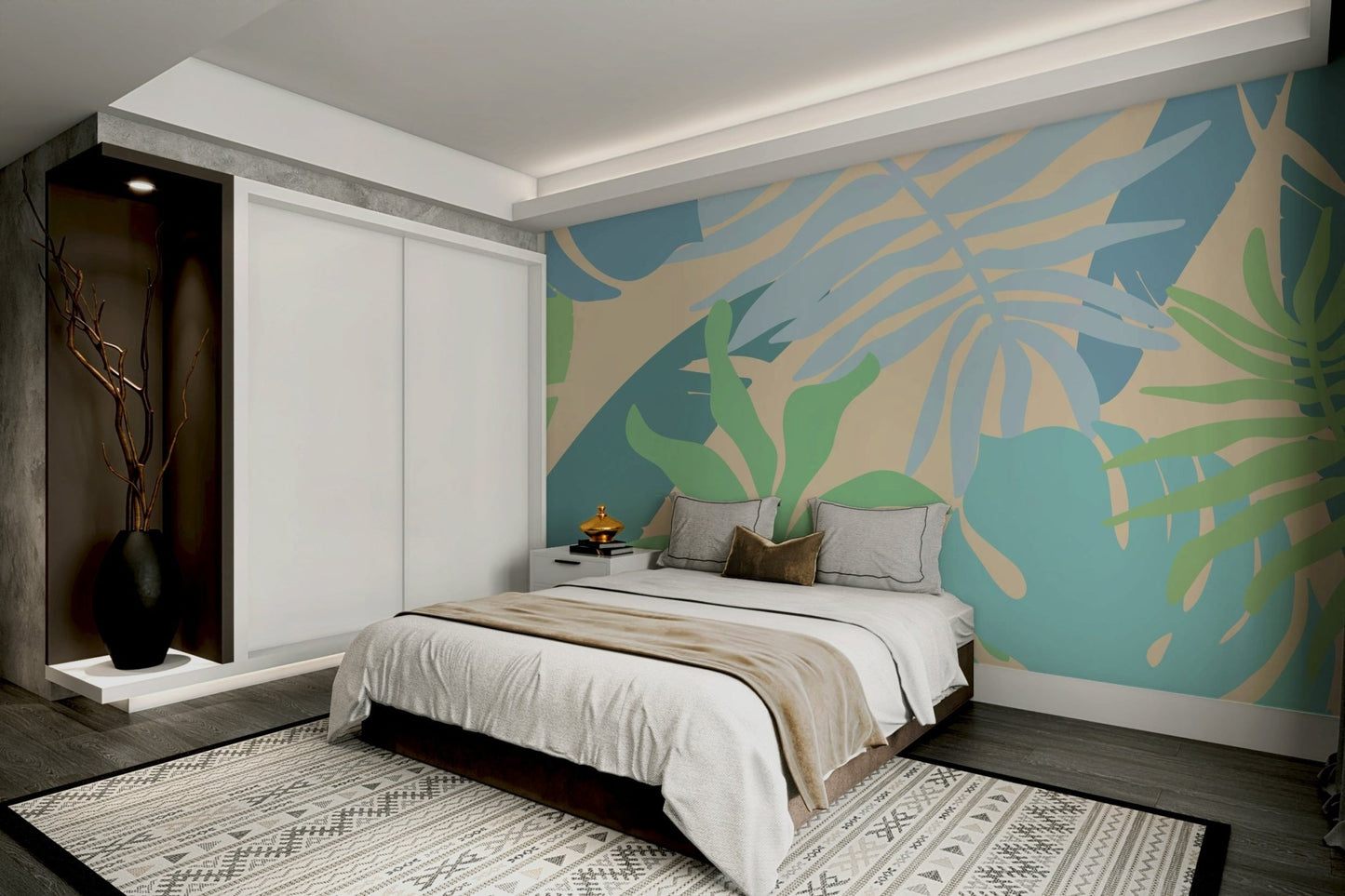 An artistic tropical foliage mural on minimalist wallpaper.

