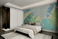 An artistic tropical foliage mural on minimalist wallpaper.

